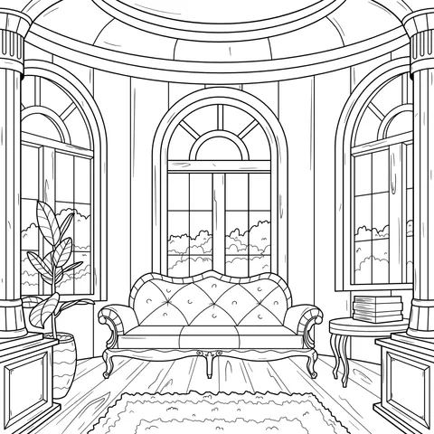 Cozy living room with arched windows