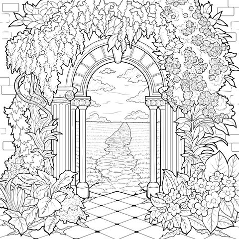 Arch - lined Path Surrounded by Flowers