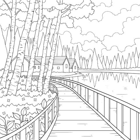湖畔木桥与小屋风景