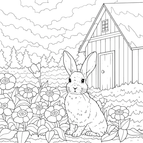 Rabbit and Wooden House in the Flower Field