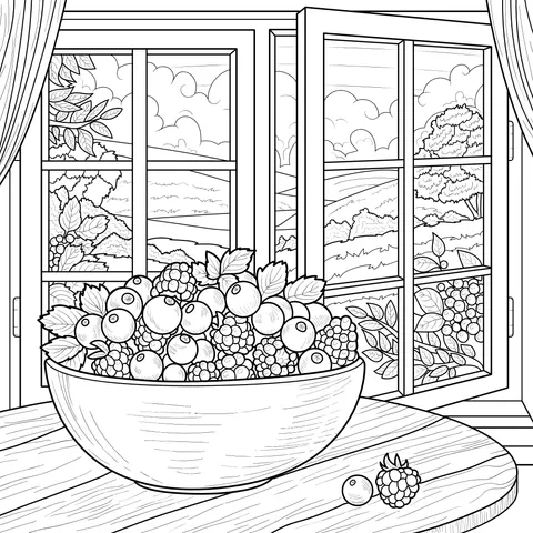 A bowl full of berries on a wooden table by the window