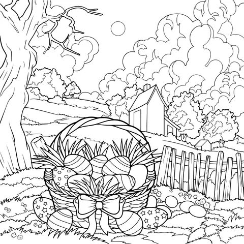 Easter Egg Basket and Rural Scenery