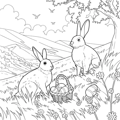 Easter Bunnies and Eggs on the Grass