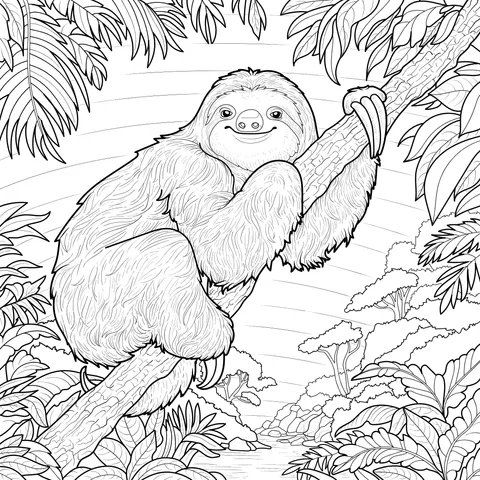 Sloth perches on a branch in the tropical rainforest