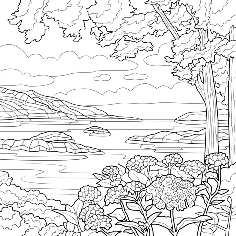 Beautiful Scenery of Flowers and Trees by the Lake