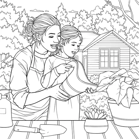 Mother and daughter watering flowers together