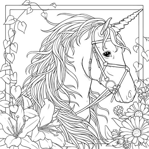 幻想的なユニコーンと花