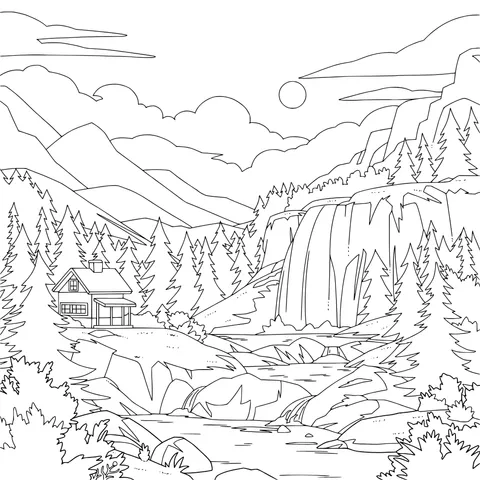Beautiful Scenery of a Cottage by a Mountain Waterfall