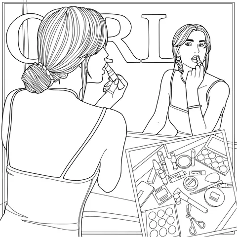 Girl applying makeup in front of the mirror