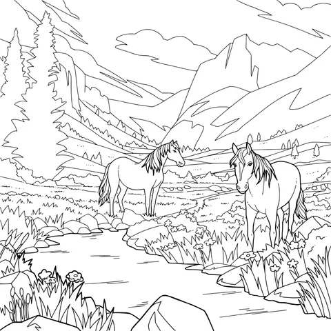 Two Horses by the Mountain Stream