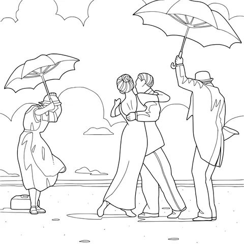 Dancers and umbrella - holders on the beach in the rain
