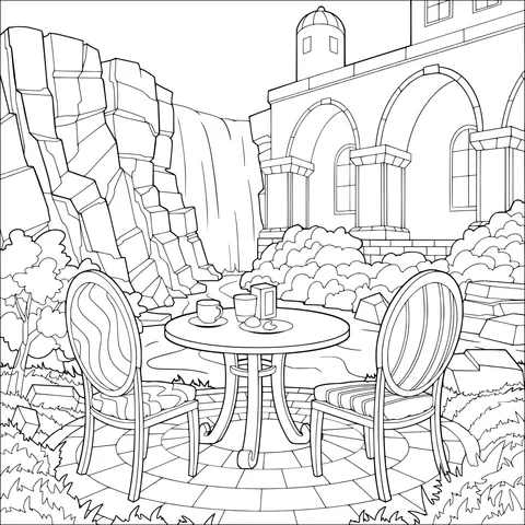 Leisurely Terrace by the Waterfall