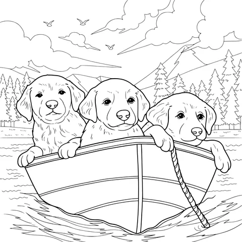 Three Puppies Boating on the Lake