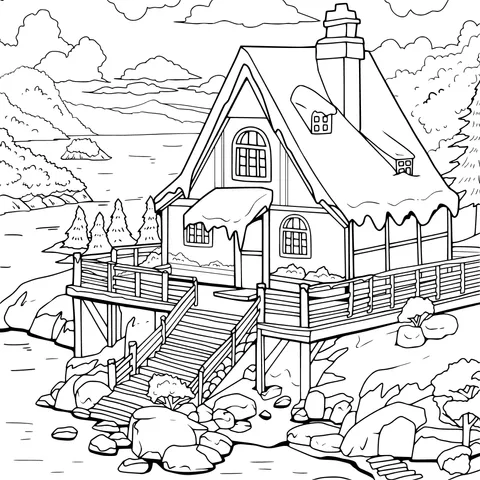 Snow - covered Cottage by the Lake