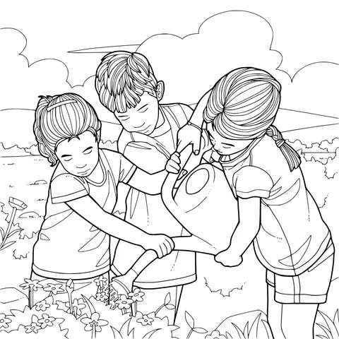 Children watering flowers together