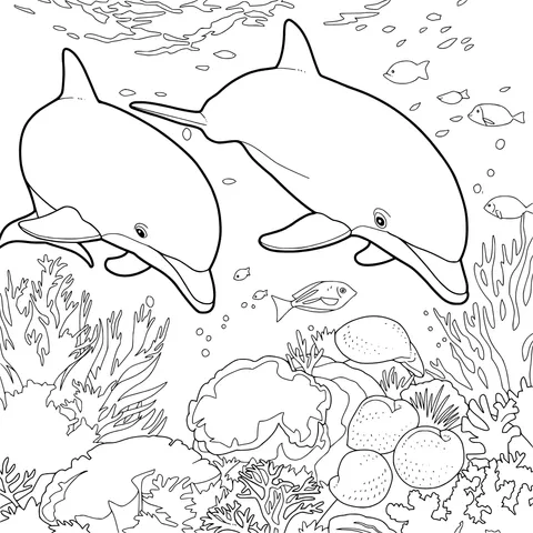 Dolphins and corals under the sea