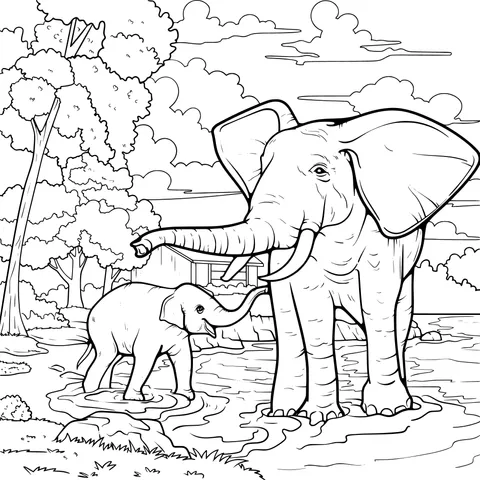 Mother - elephant and baby - elephant by the water