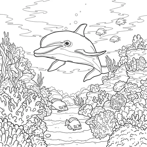 Dolphin swimming among coral reefs