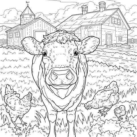 Vaca e Galinhas na Fazenda