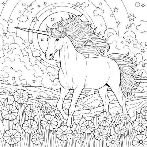 Fantasy Unicorn Strolling in the Flower - bed