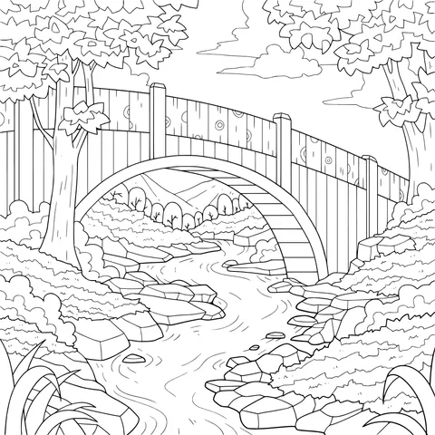 Wooden Bridge and Stream in the Forest