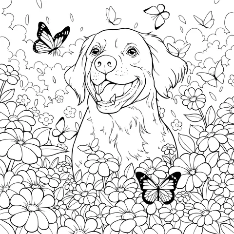 Happy Dog in the Flower Bed