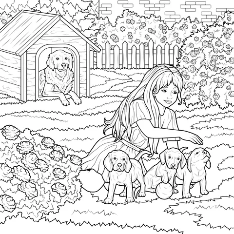 Girl and Puppies in the Garden