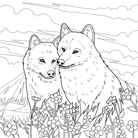 Two Wolves in the Flower - Bed