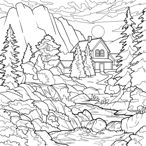 Cottage and Stream under the Mountain Sunset