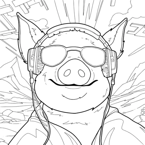 Happy Pig Wearing Headphones and Sunglasses