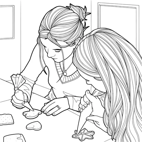 Two people decorating cookies together