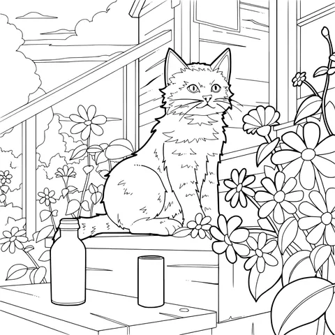 Cat sitting on the steps beside the flowers