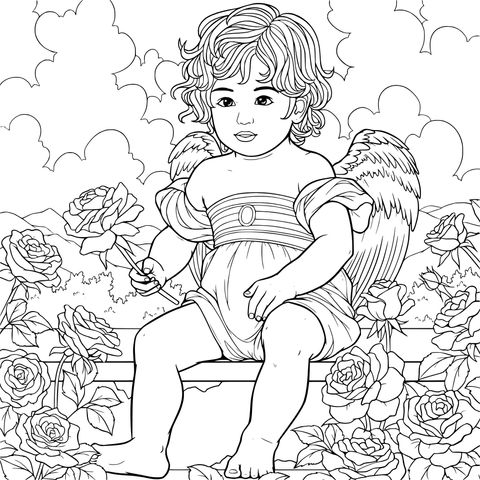 Pequeno anjo sentado na cama de flores