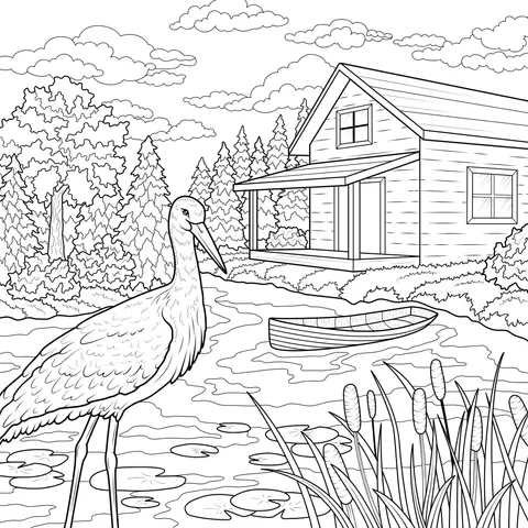 Cottage by the River and White Stork