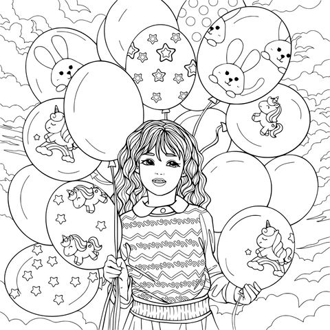 Garota segurando globos coloridos