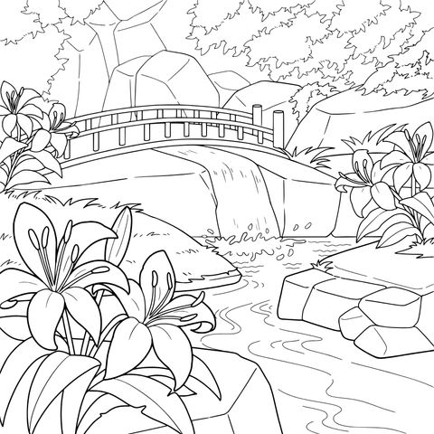 Puente y arroyo rodeados de flores