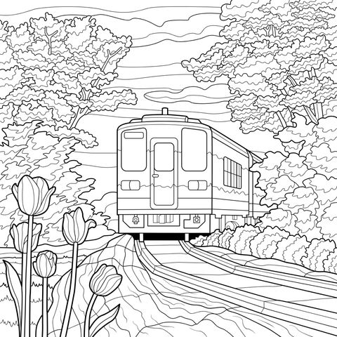 Trem viajando entre as flores