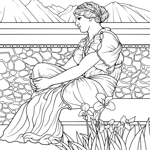 A woman in traditional clothing sitting quietly by the flowers