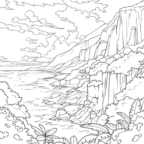 Coastal Mountain and Forest at Sunset