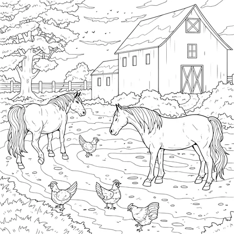 Horses and Chickens on the Farm