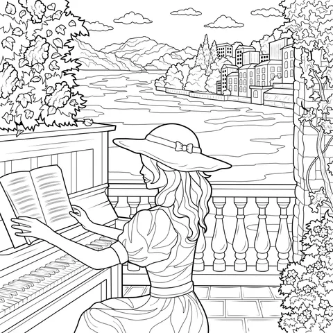 A woman playing the piano amidst beautiful scenery