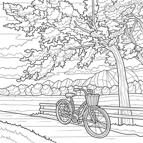 Bicicleta sob a árvore de cerejeira em flor