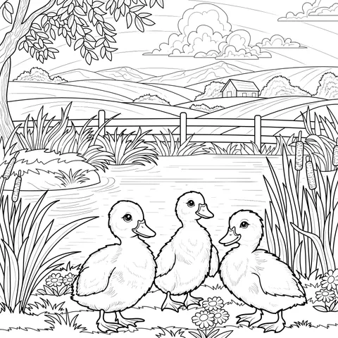 Little Yellow Ducks by the Pond