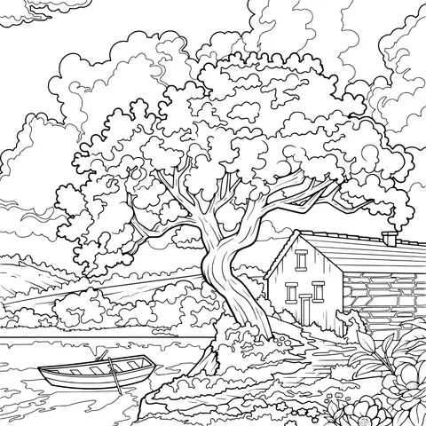 Cottage by the Lake and the Big Tree