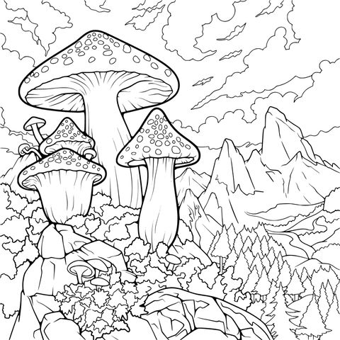 Paisaje Mágico de Setas en Montaña y Bosque