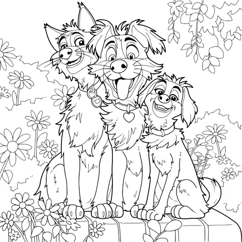 Three Dogs in the Flower - bed