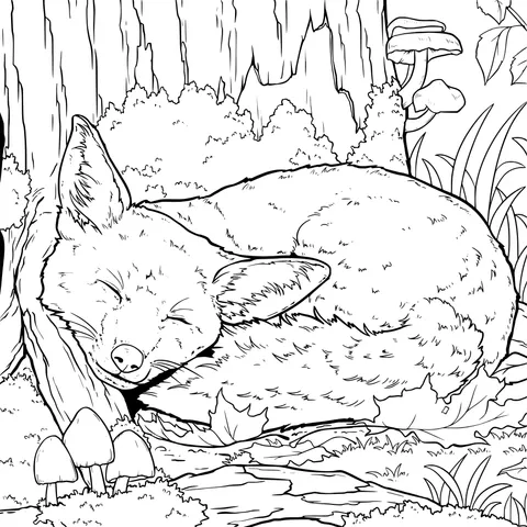 A fox sleeping peacefully under a tree