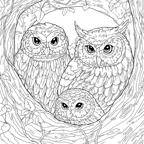 A Family of Owls in a Tree - hole