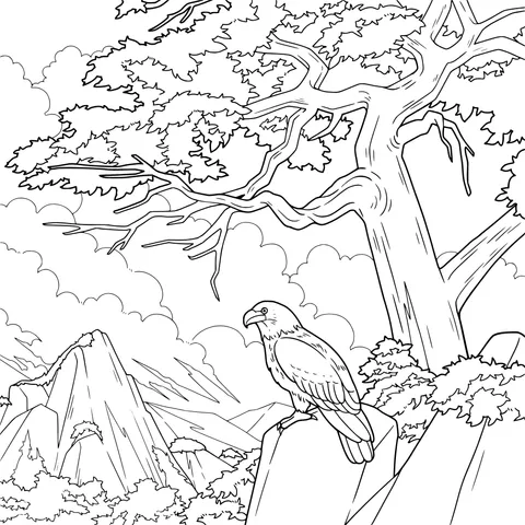 Eagle on the Cliff and Mountain - forest Landscape