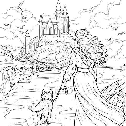 Mulher caminhando com o cão em direção a um castelo